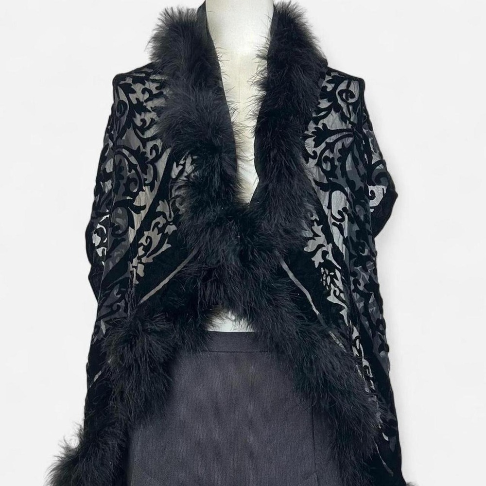 Velvet Burnout Feather Trim Shawl Ornate Floral Design Goth Alternative Witchy